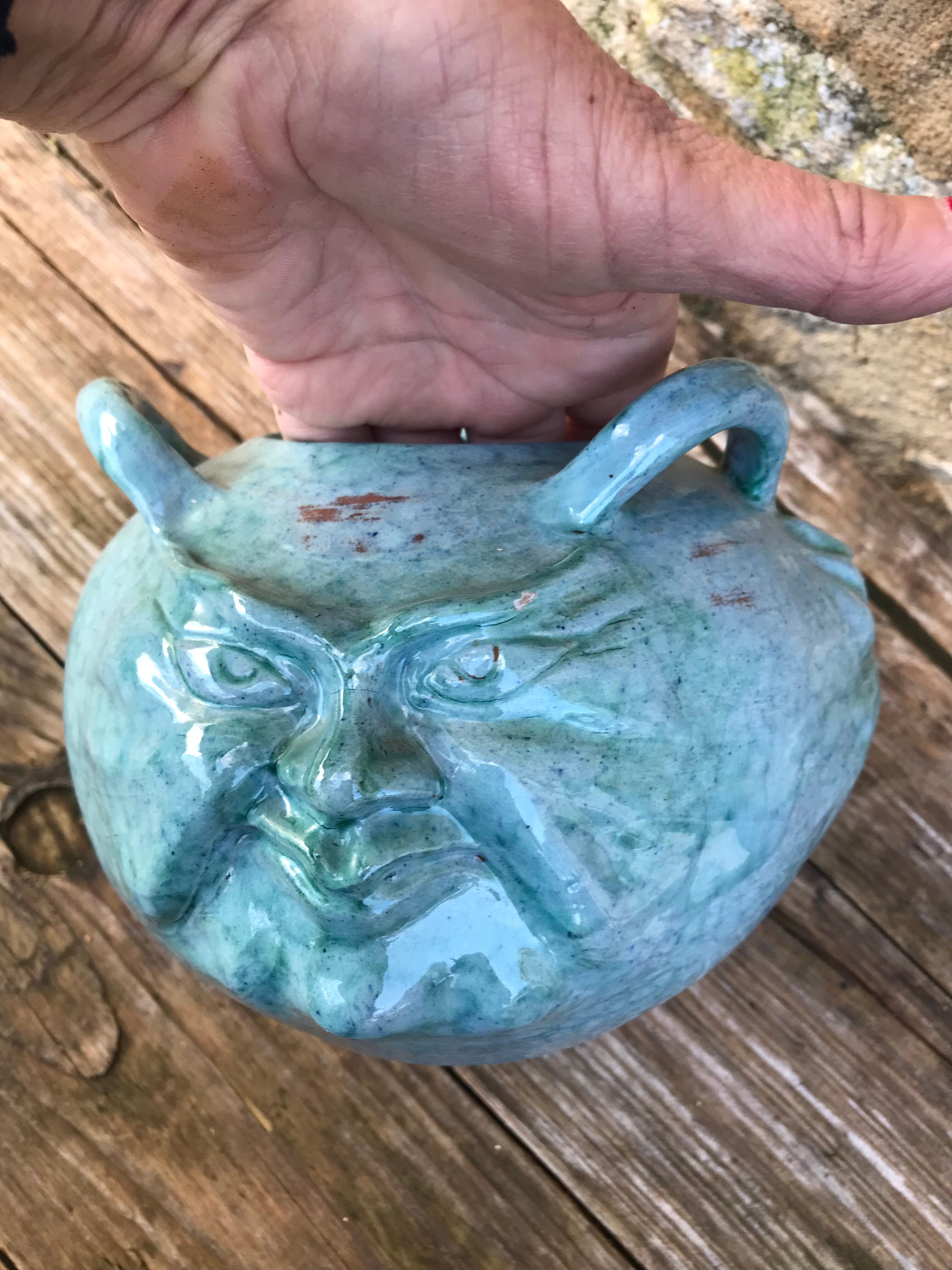 Ceramic vase, three faces, blue marble effects, signed
