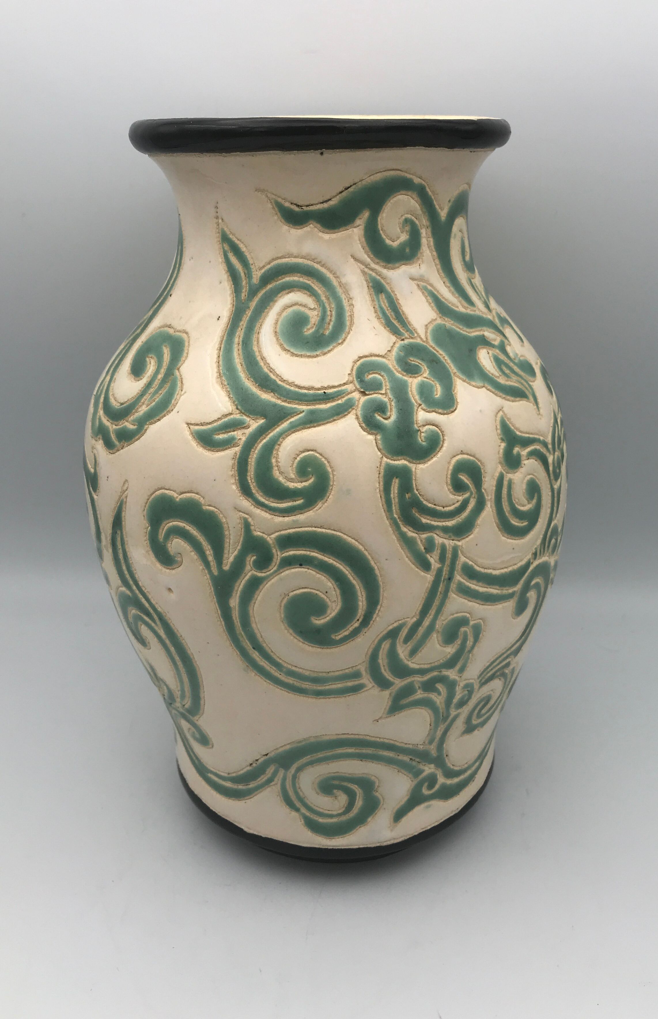 Vintage vase in glazed ceramic with carved decoration of arabesque 22.5 cm