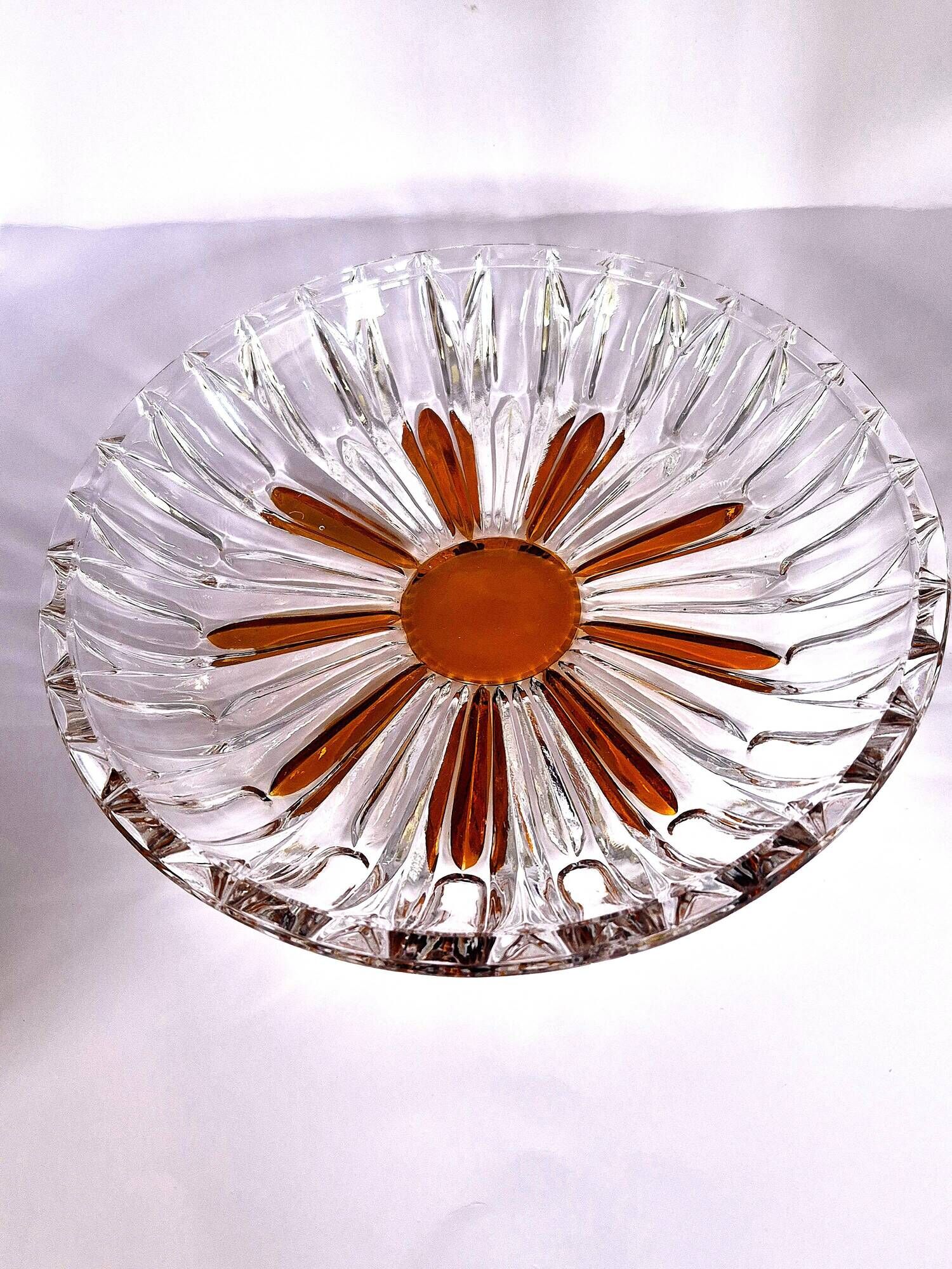 Vintage cut crystal pocket bowl with amber centre – 1960s/70s