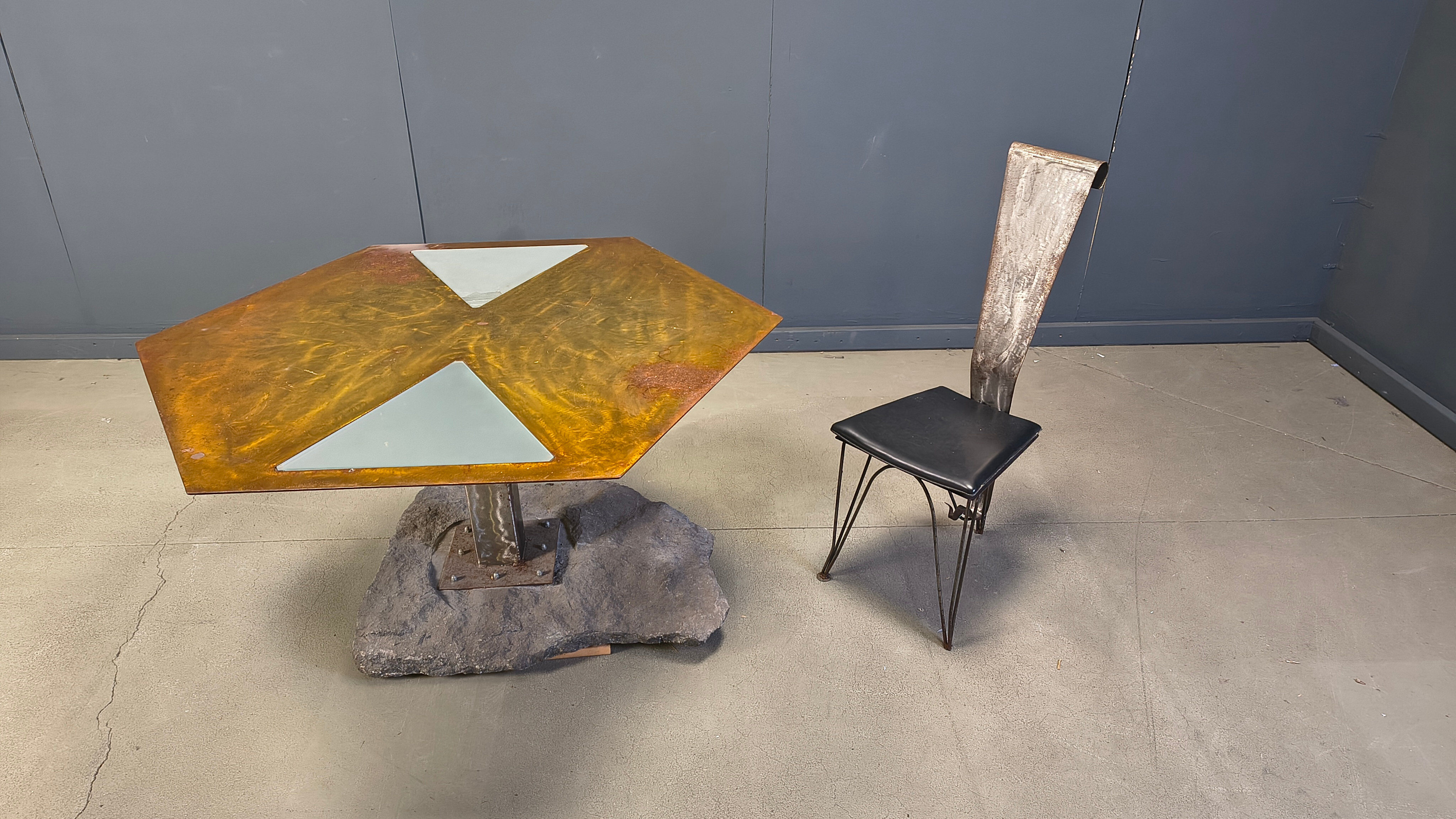 Hand crafted steel and stone dining set, 1970s