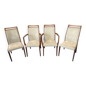 Set of 2 chairs and 2 armchairs in wood and gray velvet