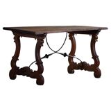 Brutalist table in antique Spanish solid oak and wrought iron, 19th century.