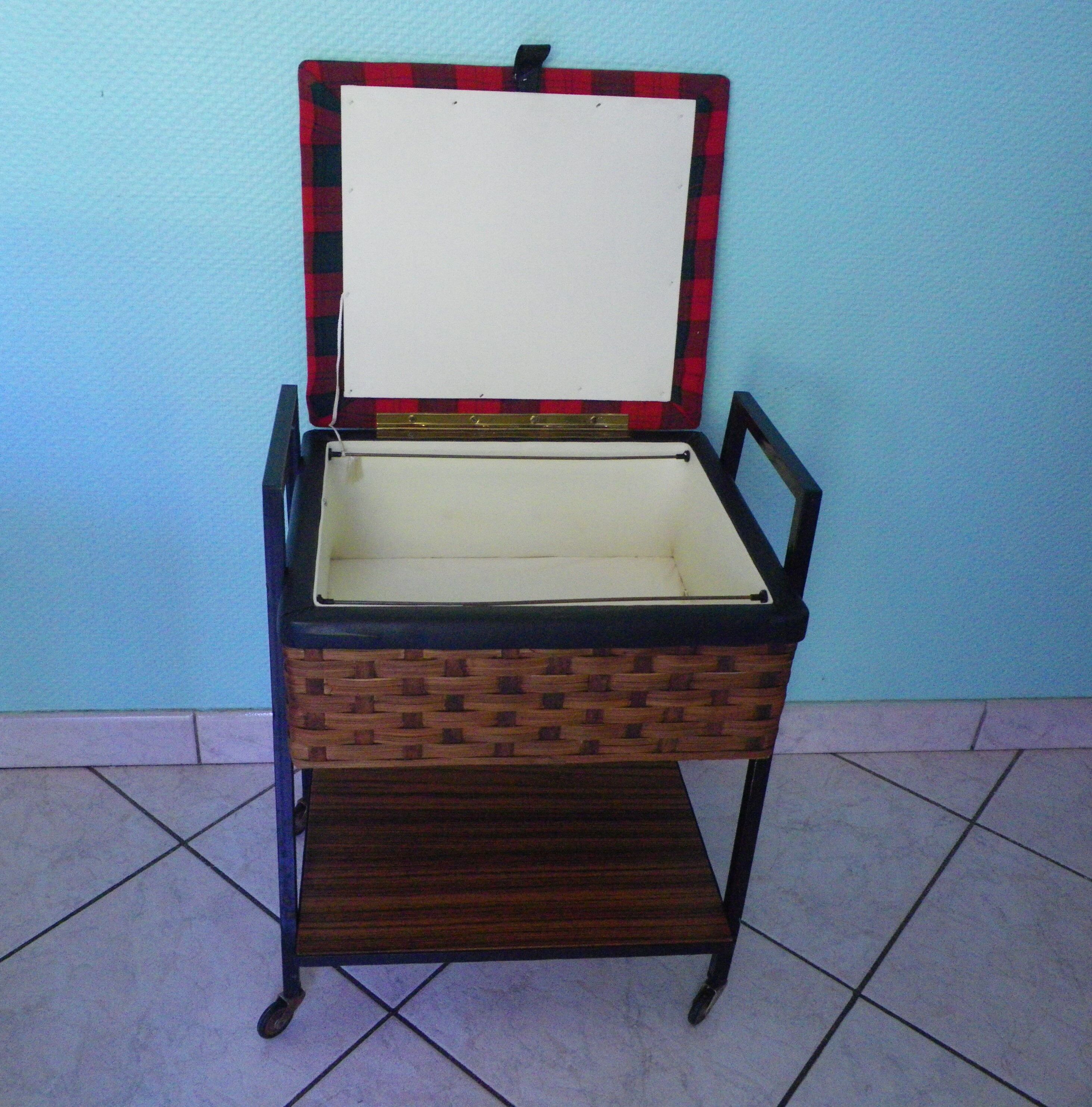 Vintage worker on wheels, rattan, fabric, skaÏ, metal with formica shelf