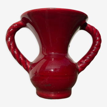 Red burgundy vase in vintage ceramic 1960 in the taste of Vallauris with handles