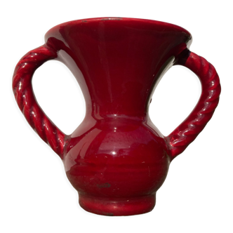 Red burgundy vase in vintage ceramic 1960 in the taste of Vallauris with handles