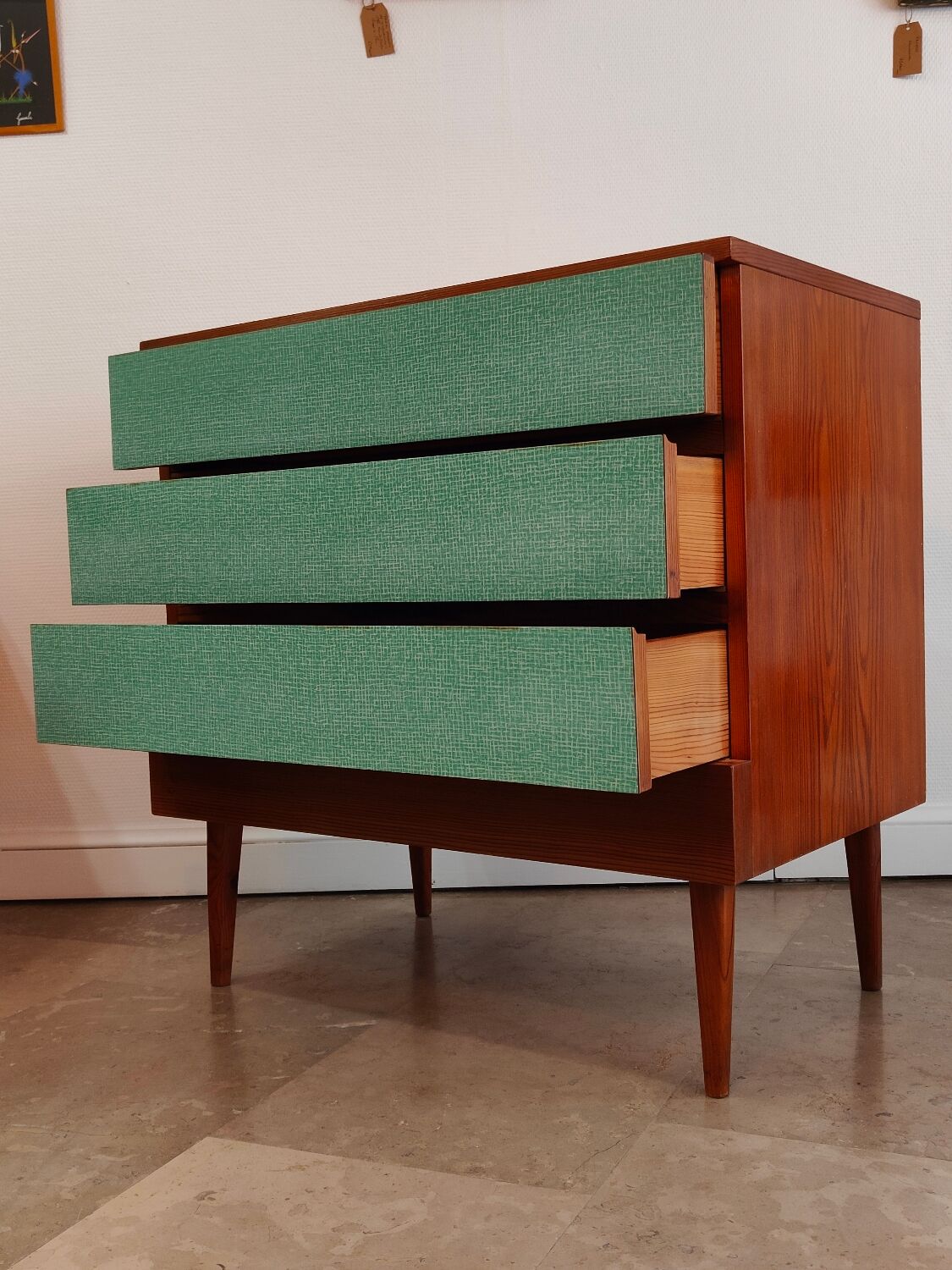 Commode Tchèque bois et formica vert d'eau