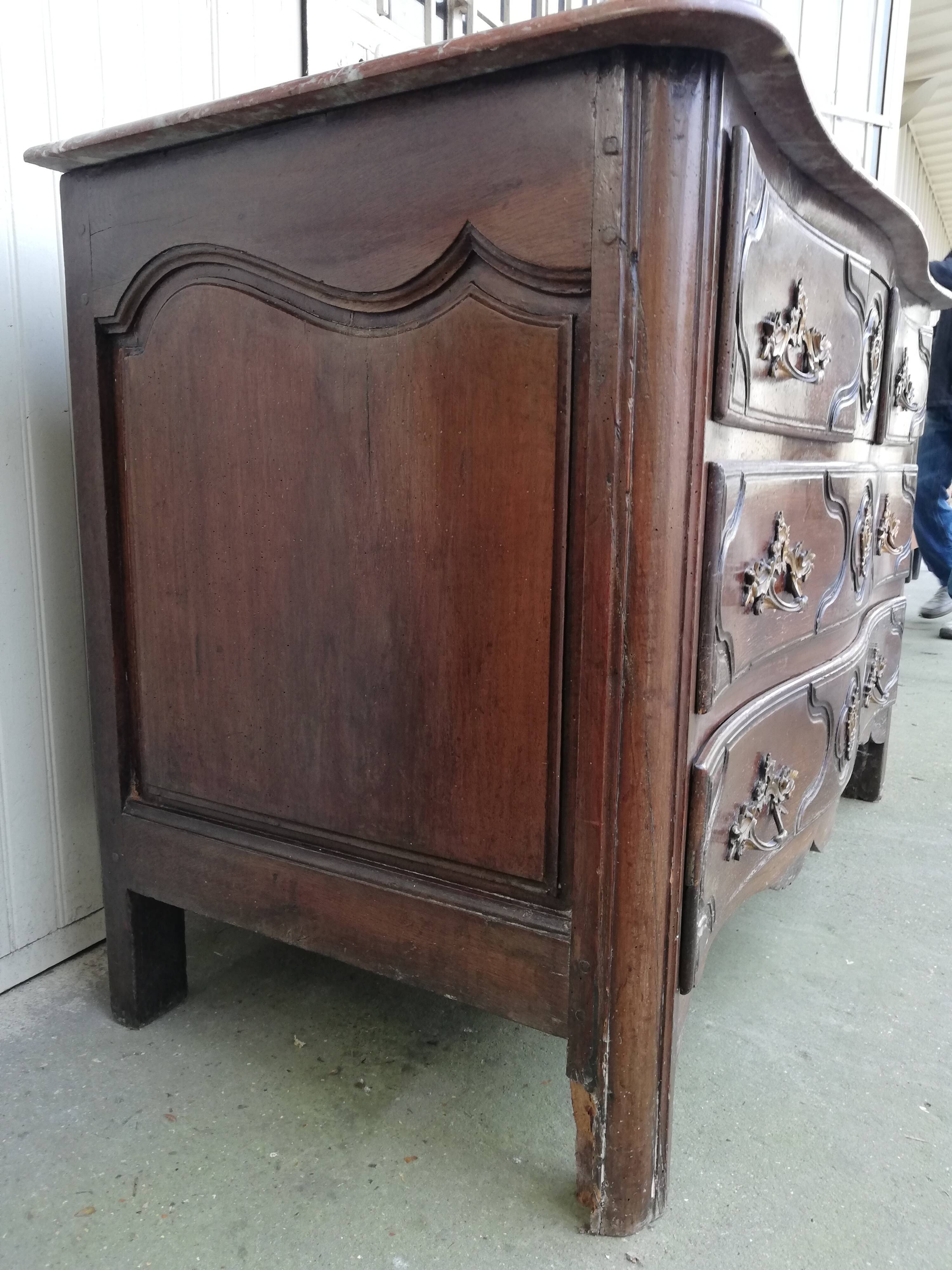 Louis XVI style curved chest of drawers, wooden structure and marble top