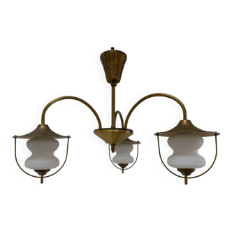 Danish Chandelier in Opaline Glass and Brass, 1950s