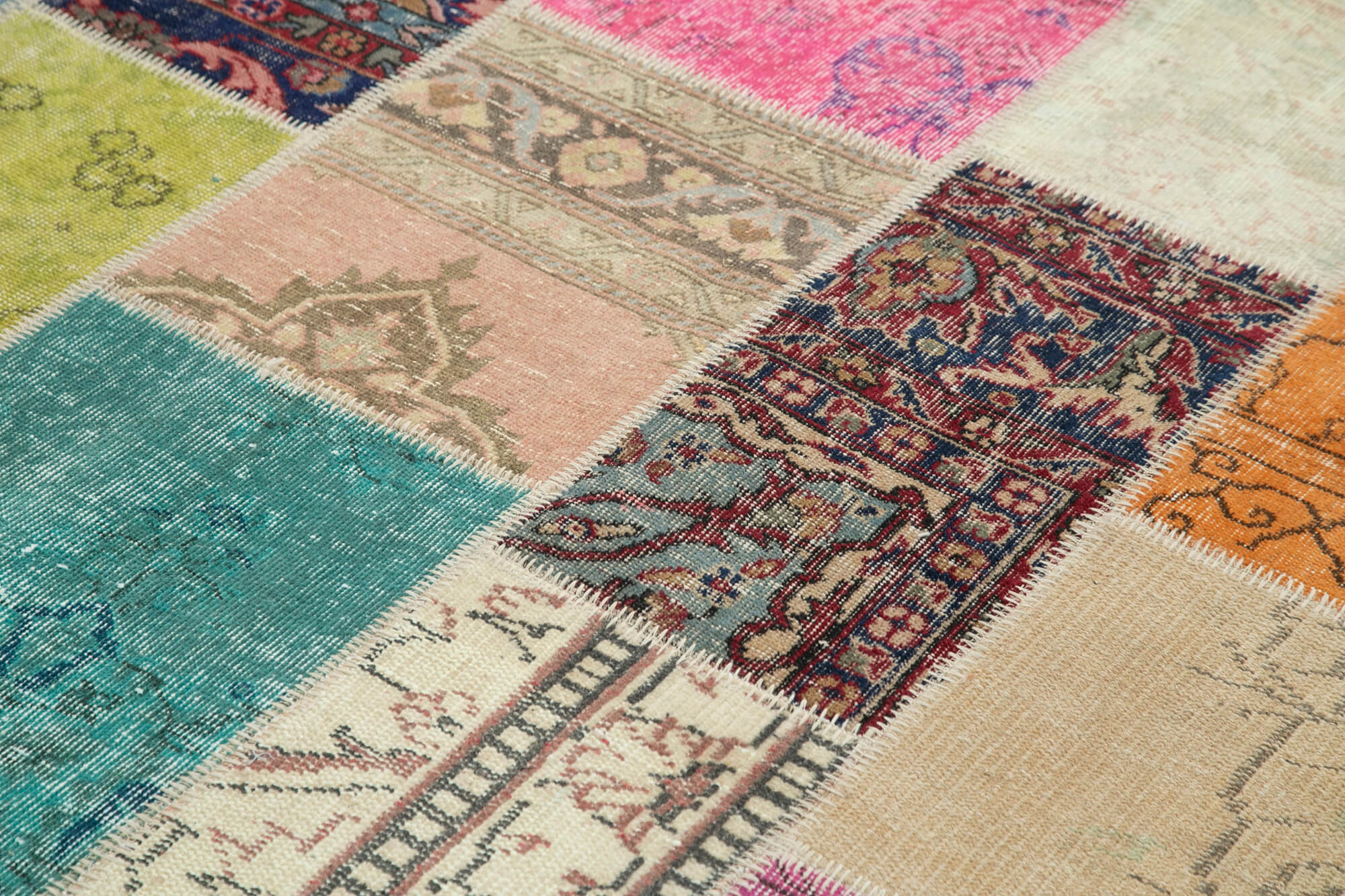 Hand-Knotted Oriental Overdyed 209 cm x 298 cm Multicolor Patchwork Carpet