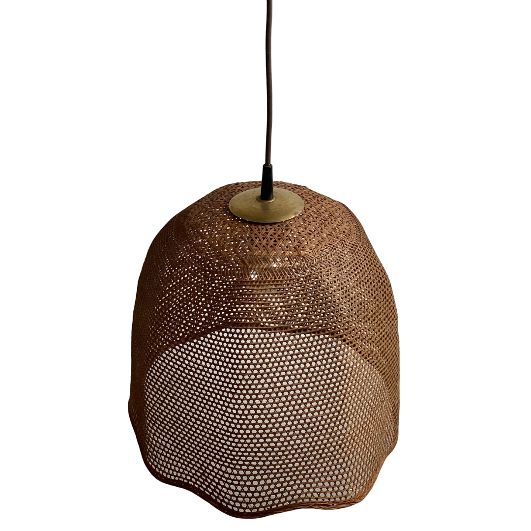 Rattan wicker webbing beehive pedant hanging lamp with brass, Dutch 1960s