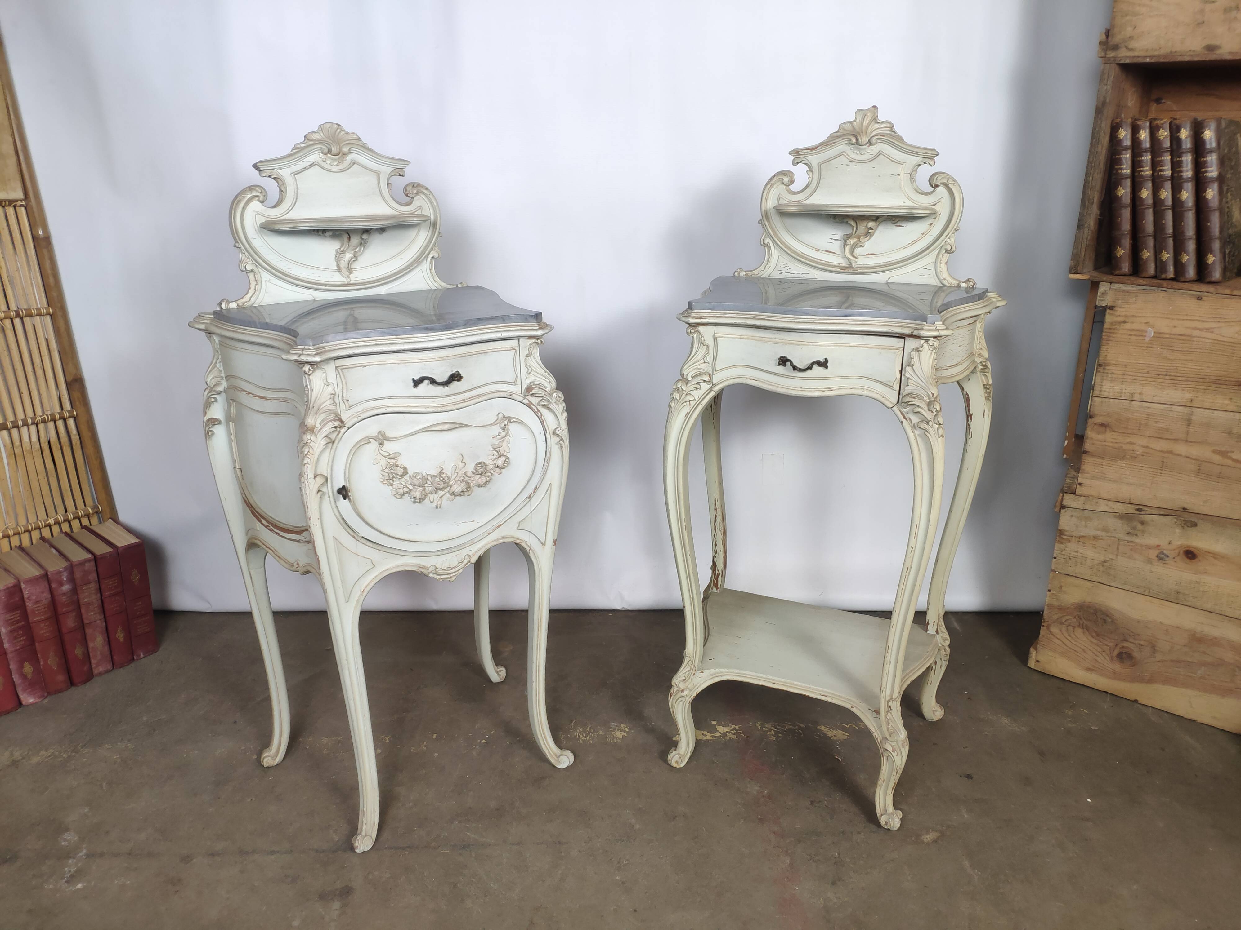 Louis XV white rock bedside pair