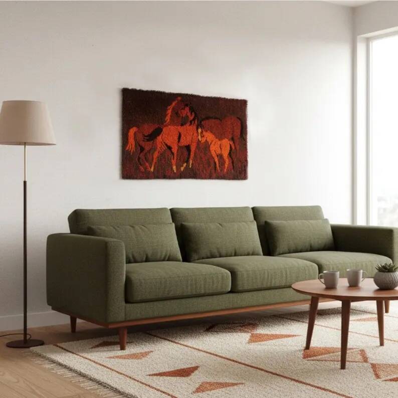 Tapis et tapisserie RYA vintage des années 1970 en marron et orange avec cheval