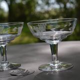 4 original antique champagne glasses in Belgian engraved glass