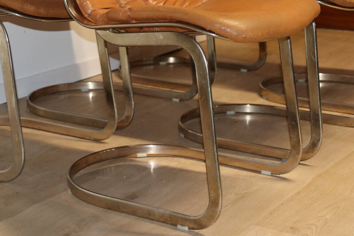 Series of 6 vintage Cidue Italy chairs in leather and metal, 1970s