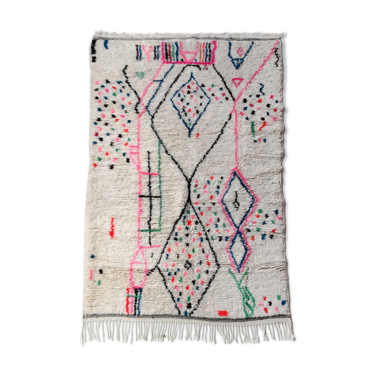 Moroccan Berber carpet Azilal ecru with colorful patterns 250x146cm