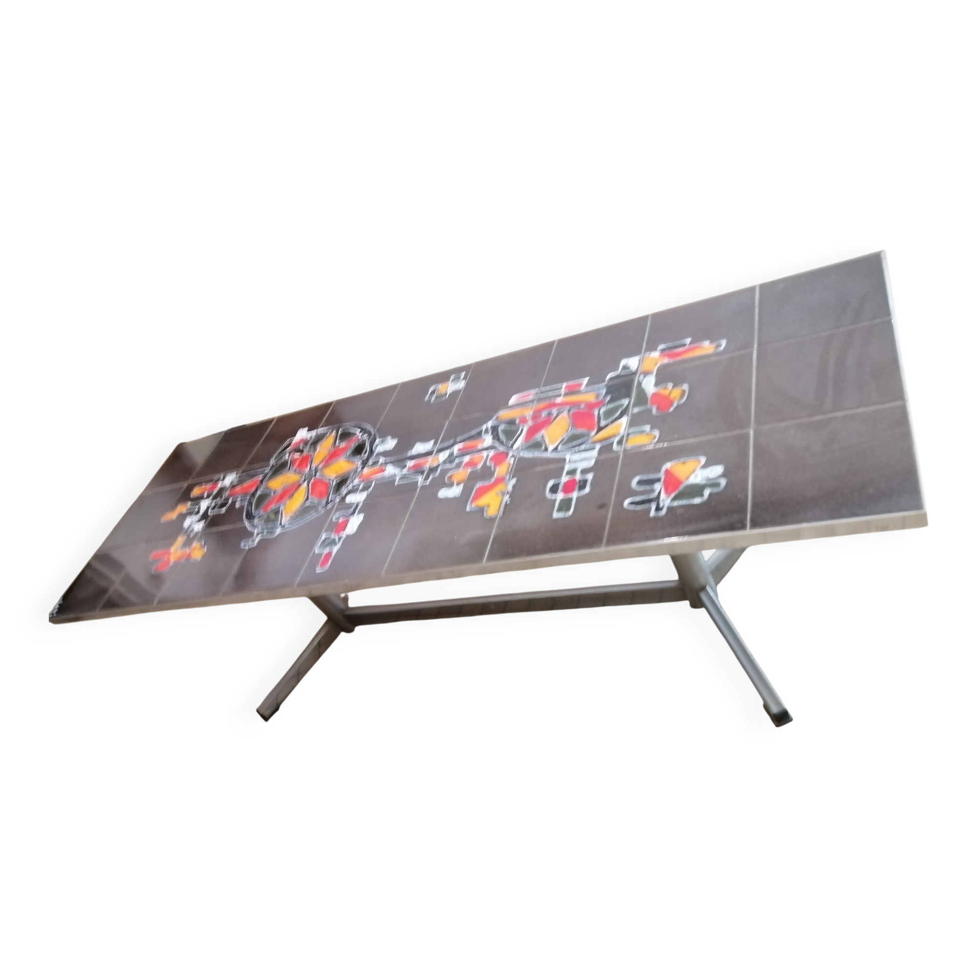 Art deco chrome metal and ceramic coffee table