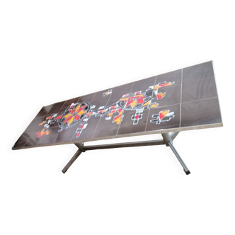 Table de salon art deco en metal chromee et ceramique
