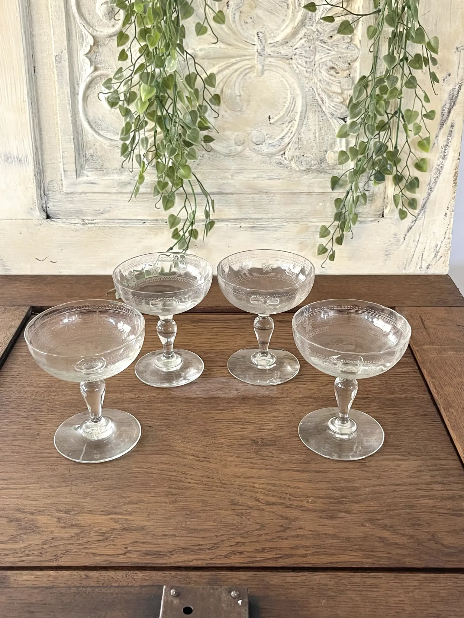 Champagne coupes etched set of 4