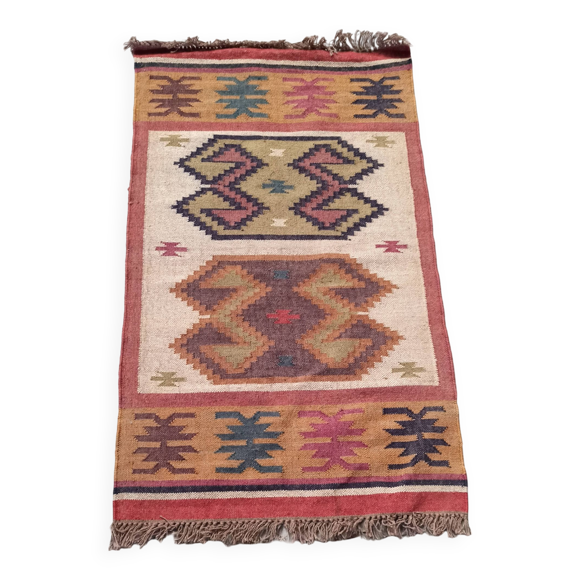 Tapis kilim en toile de jute et coton. 93cm x 162cm