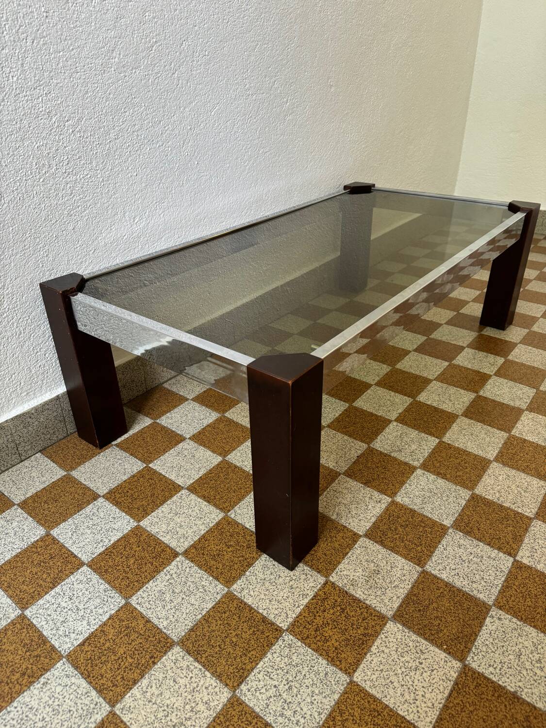 Chrome wood and smoked glass coffee table from the 70s