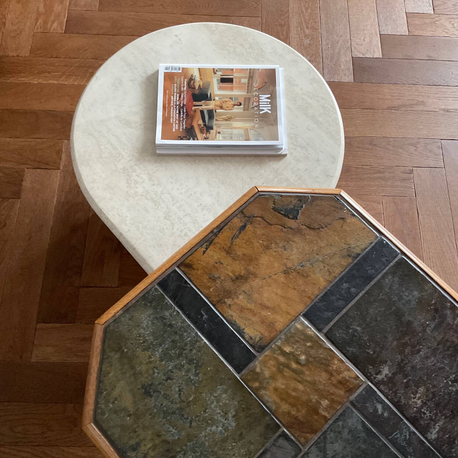 Vintage oak and slate coffee table