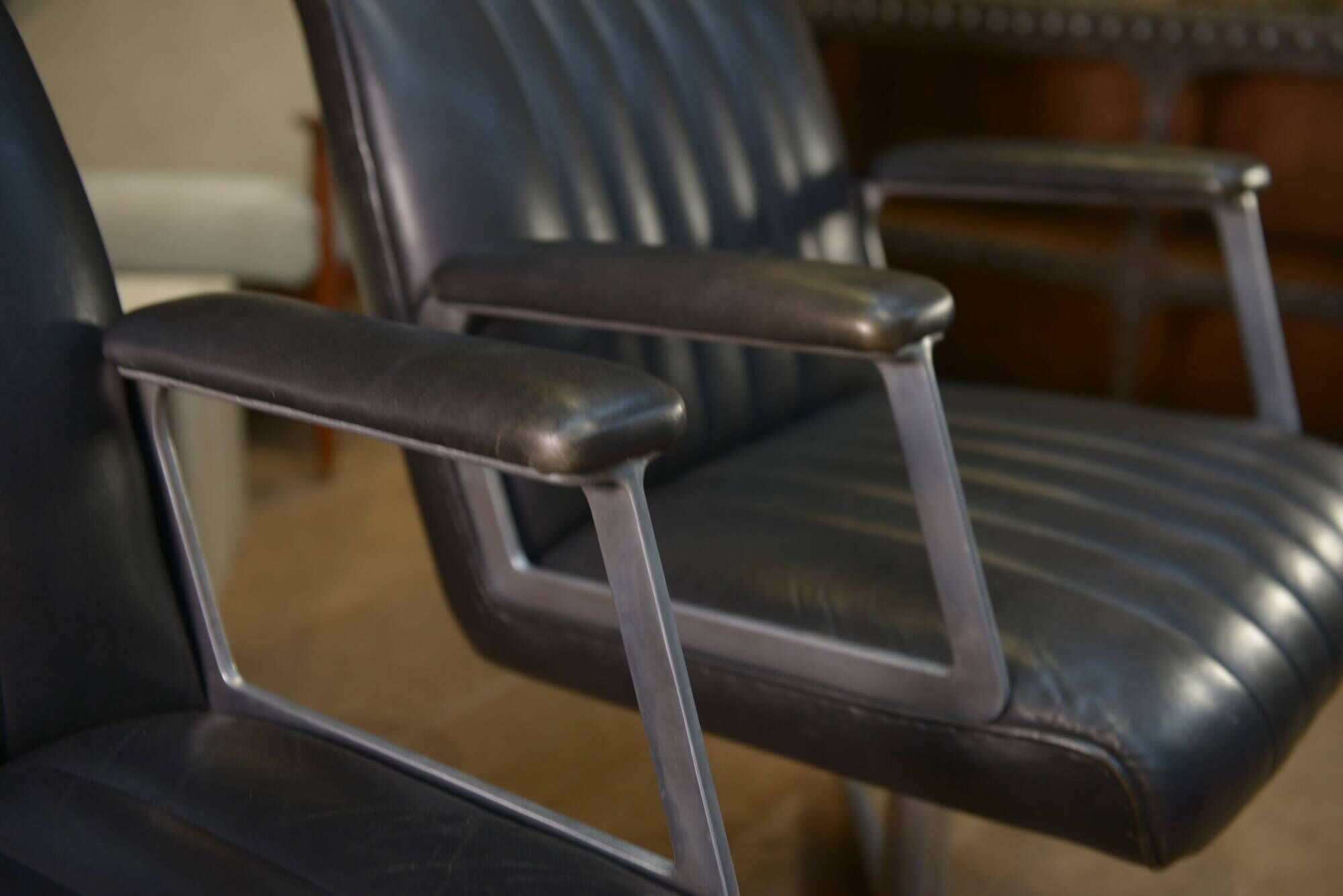 Set of 3 designer swivel metal leather office armchairs 1970