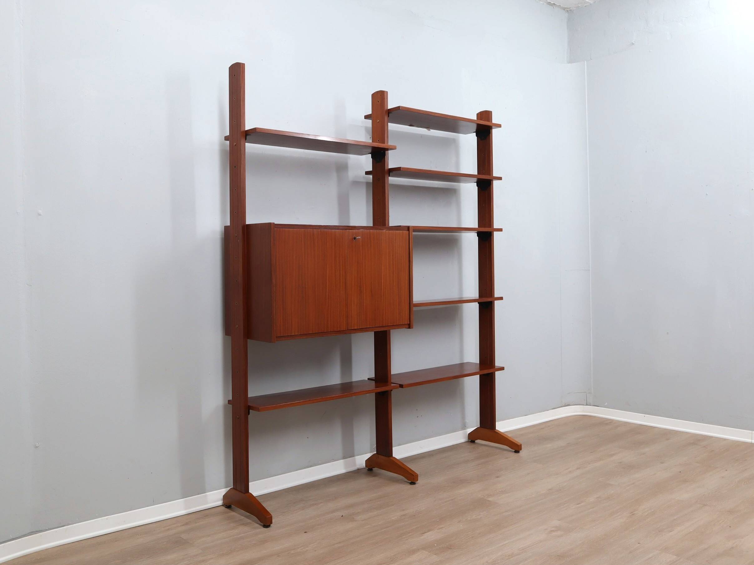 1950s teak modular wall unit with drop-front bar