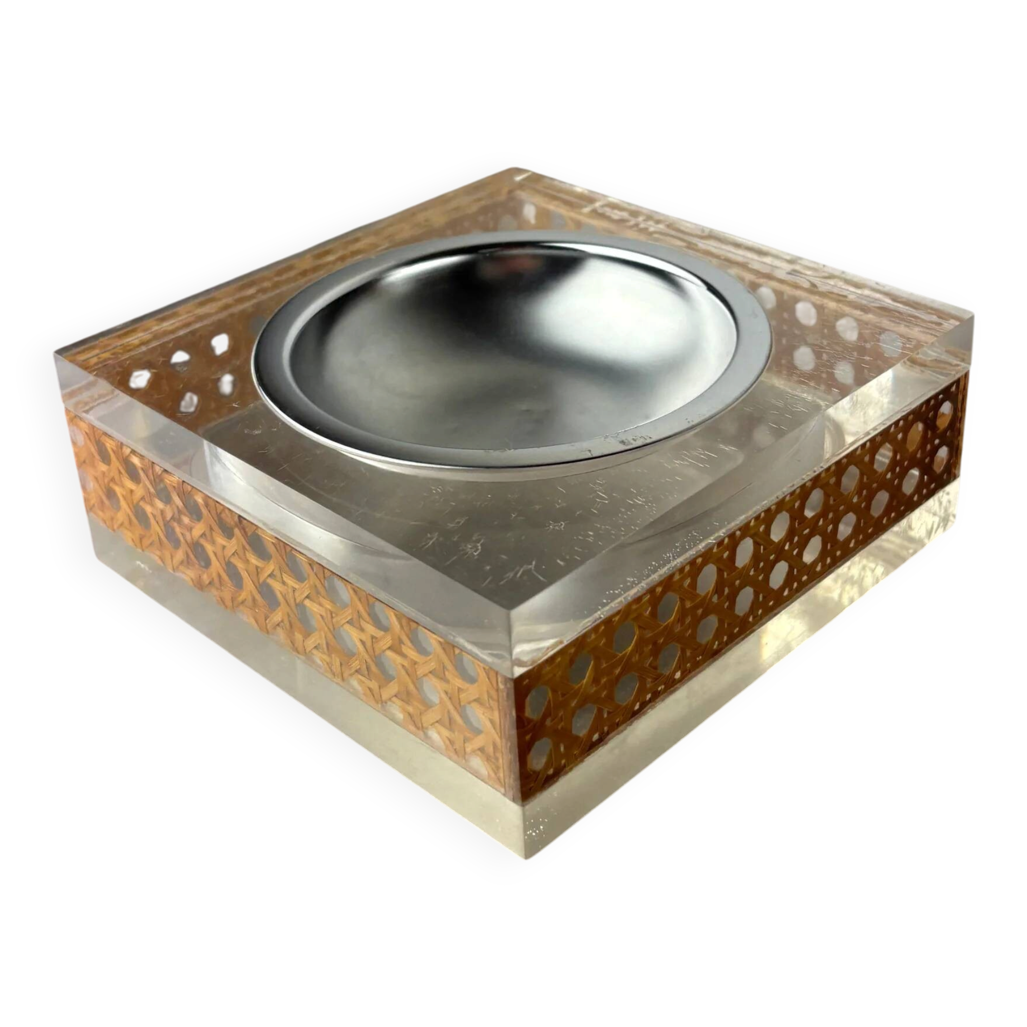 Christian Dior style lucite & rattan ashtray, circa 1970s