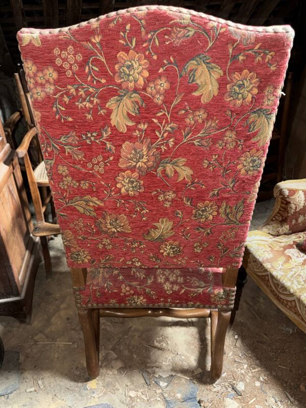 Paire de fauteuils anciens en bois – tissu fleuri + coussin assorti