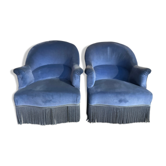 Paire de fauteuils crapaud velours bleu