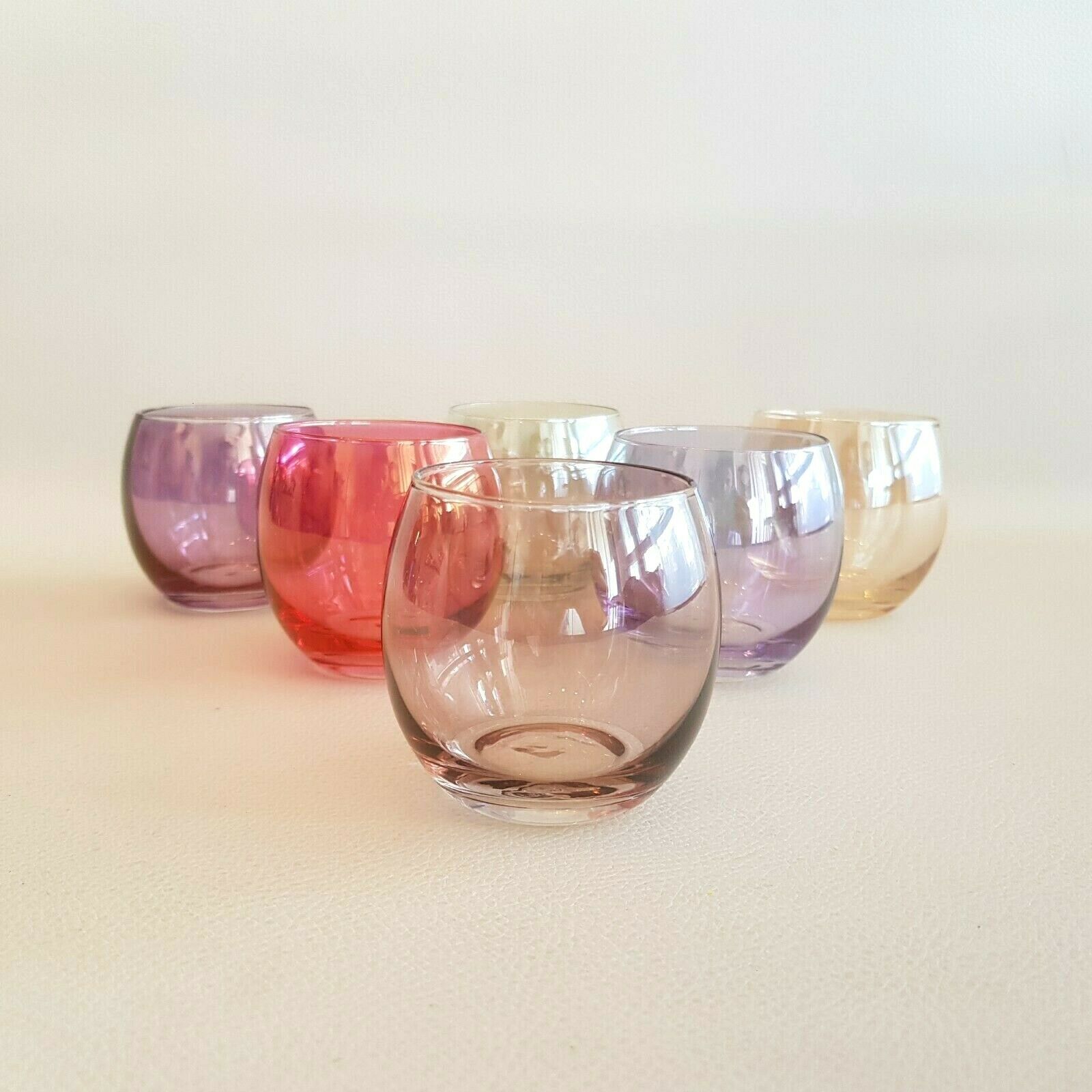 Service 6 verres multicolores verre soufflé irisé opalescent vintage