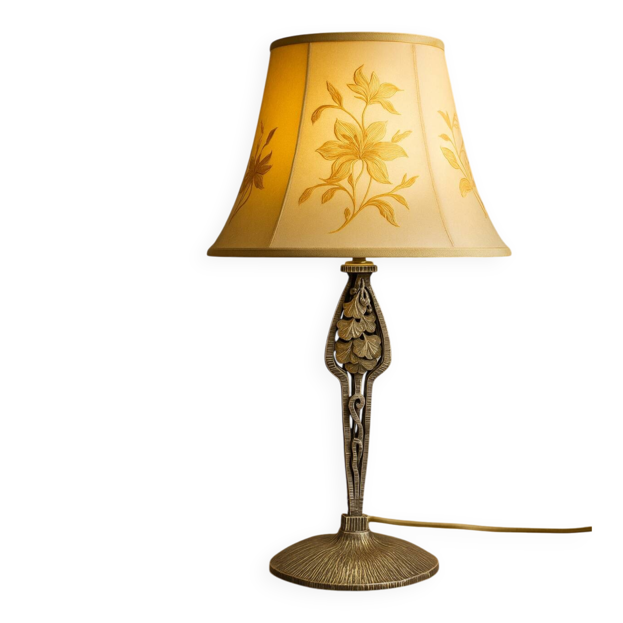 Art Nouveau lamp base – Hammered metal & stylised Ginkgo leaves –