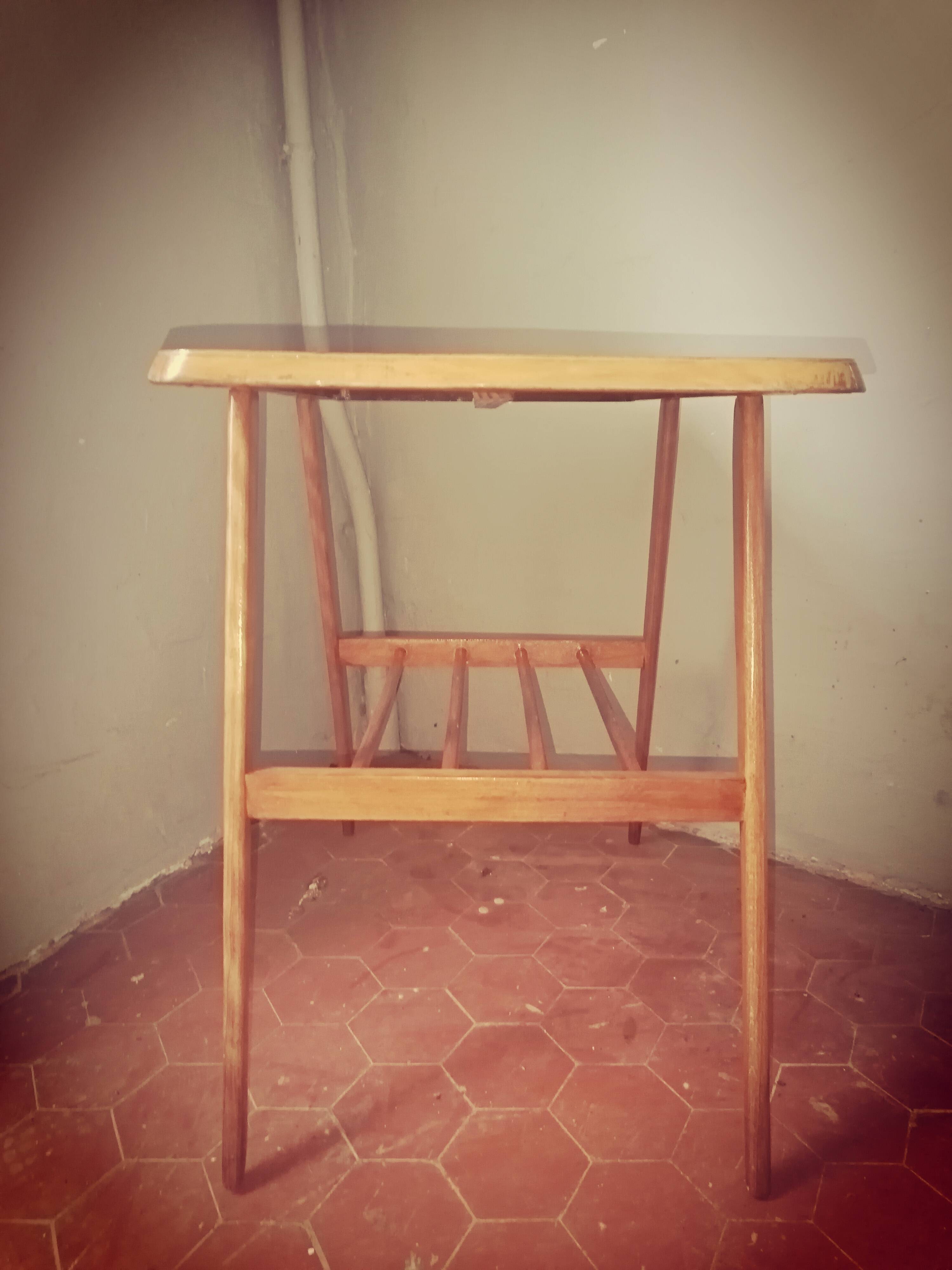Scandinavian table with compass legs + magazine rack.
