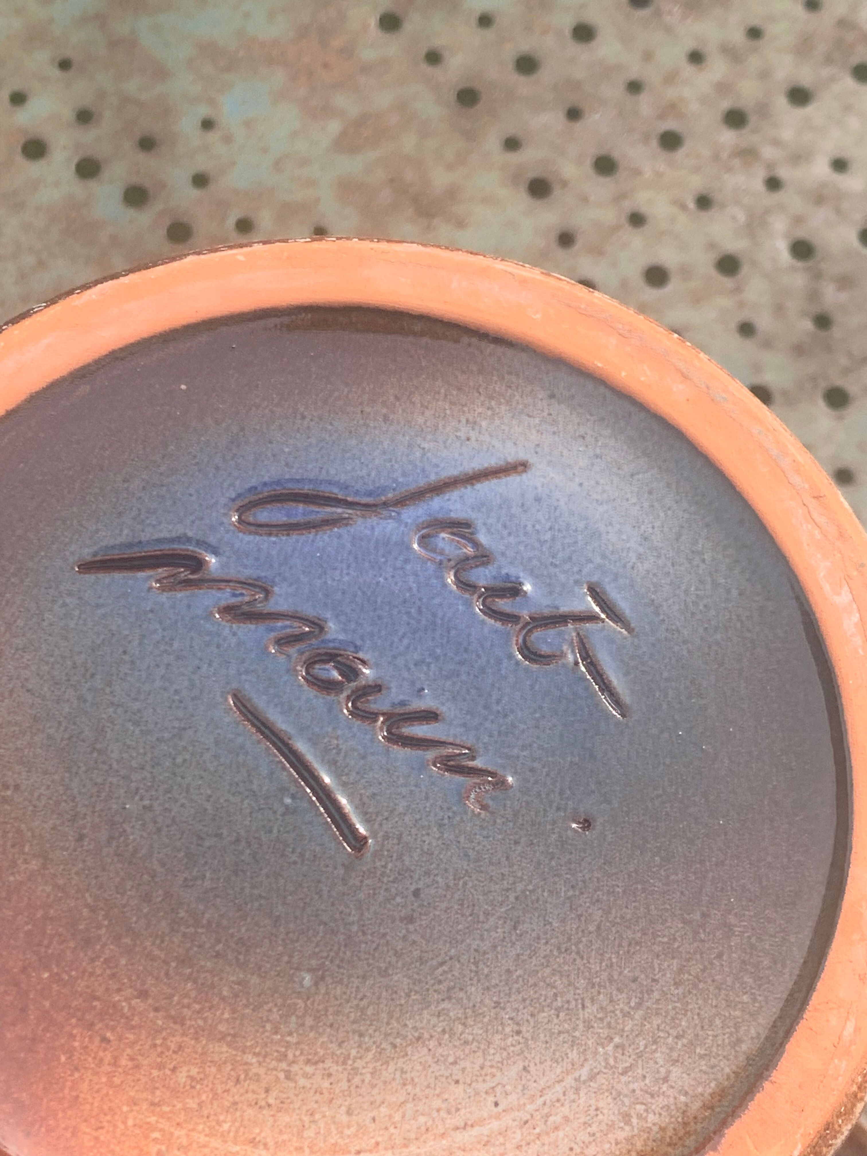 Champagne bucket in blue and beige glazed ceramic, vintage handmade