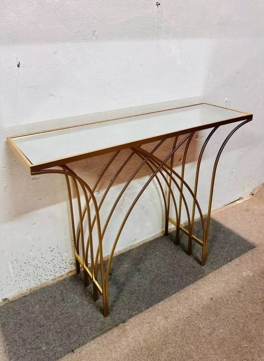 Consolle in ferro dorato con piano in specchio – Italia, anni '80