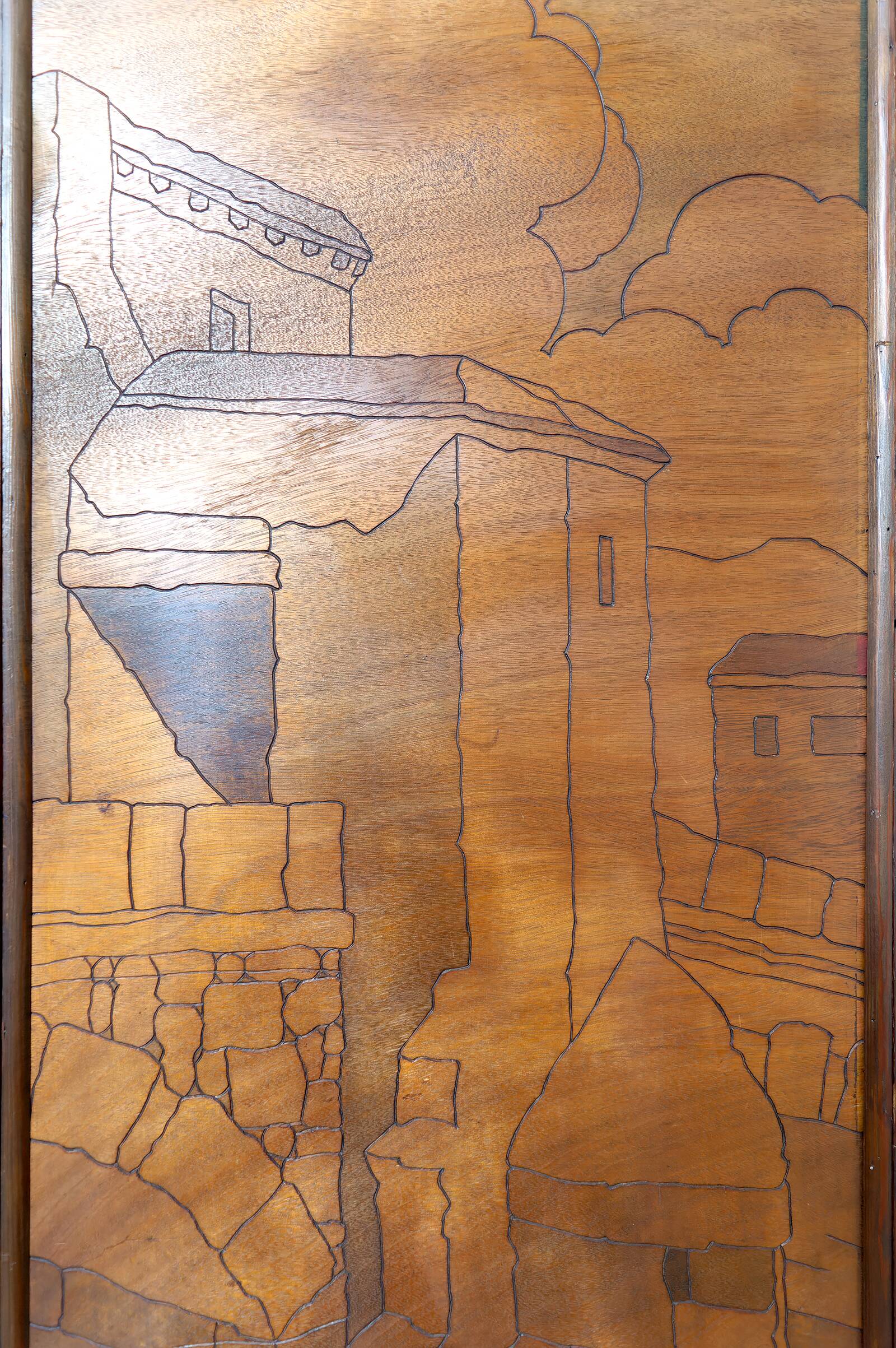 Pyrographed Screen, Mediterranean Medieval Town, Art Nouveau/Deco, 1930