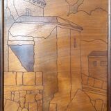 Pyrographed Screen, Mediterranean Medieval Town, Art Nouveau/Deco, 1930