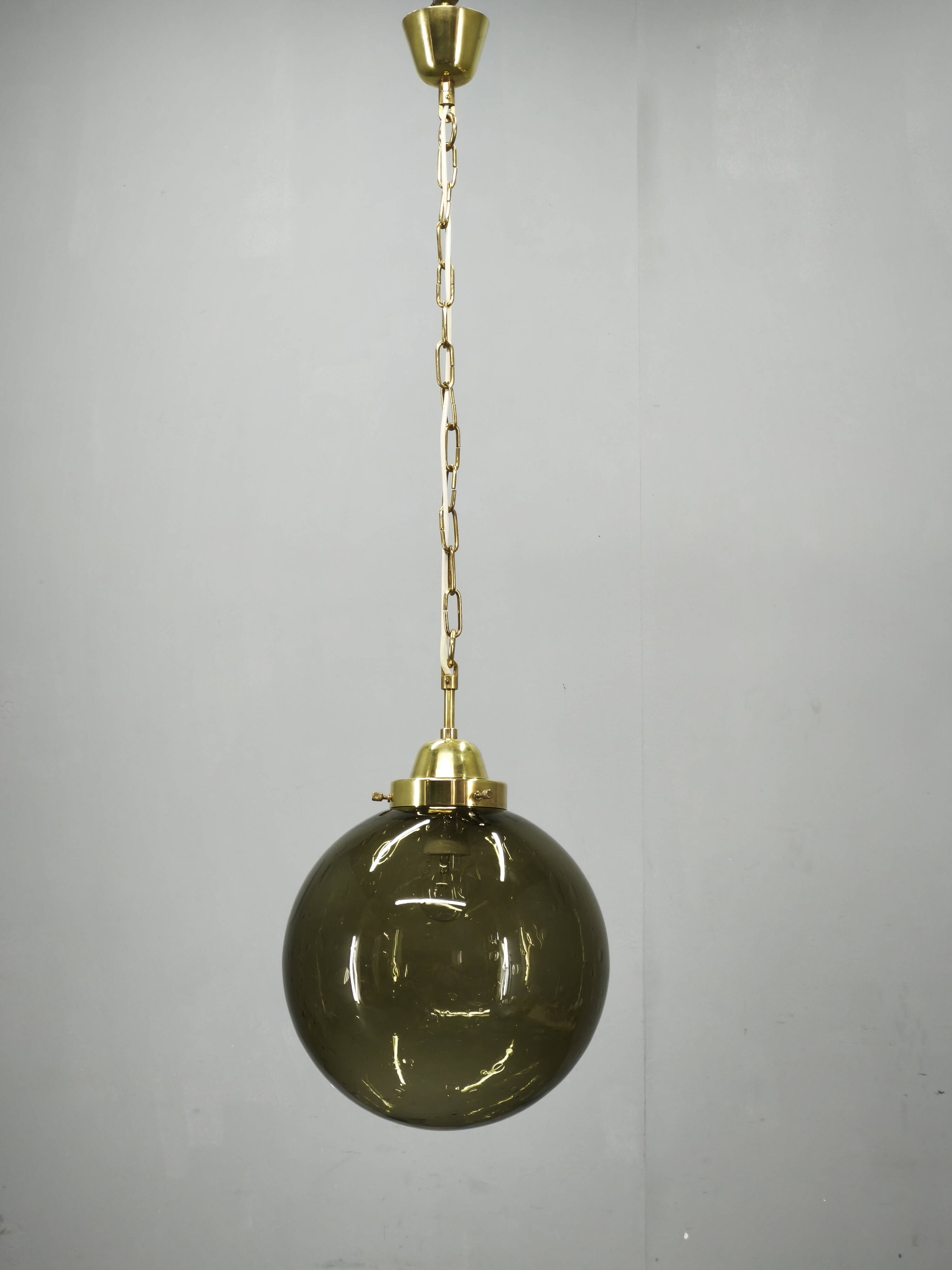 1970s Czech Smoked Glass Globe and Brass Pendant Light