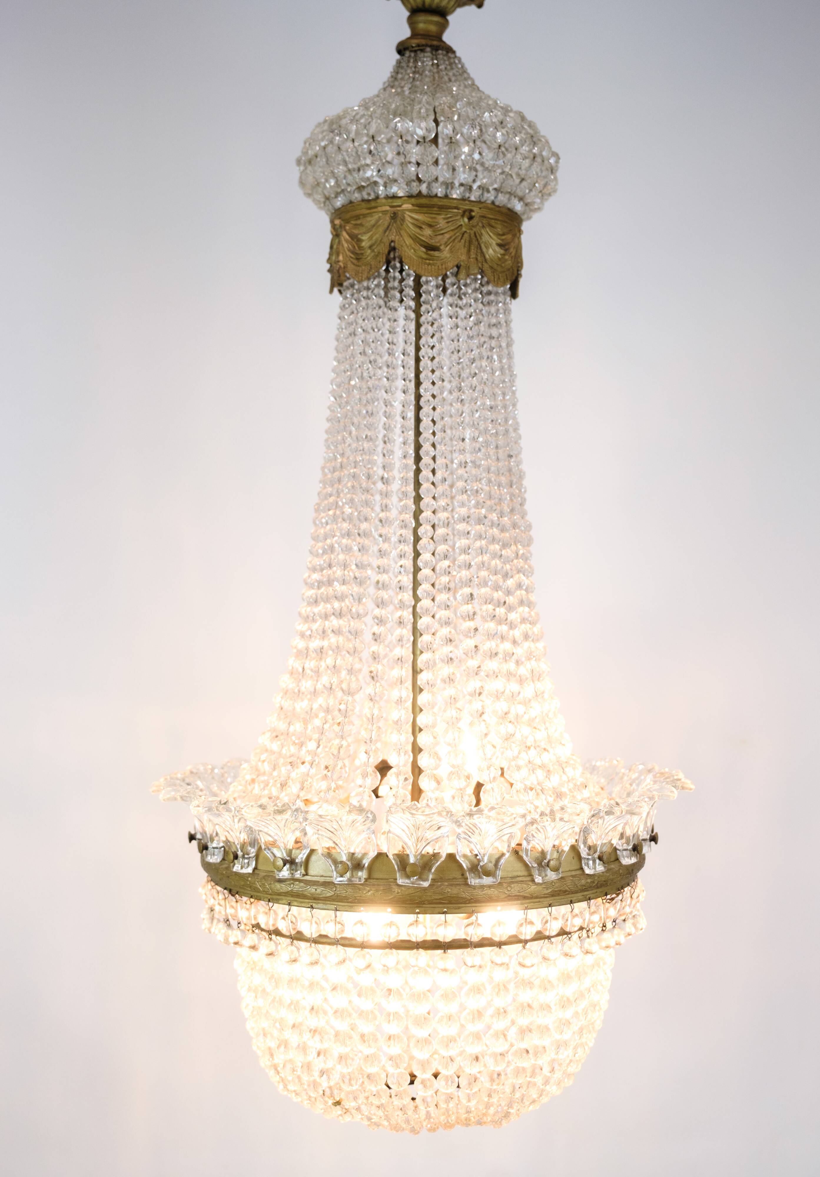 Antique Prism Chandelier Decorated In Brass, Bronze & Crystals From 1890s