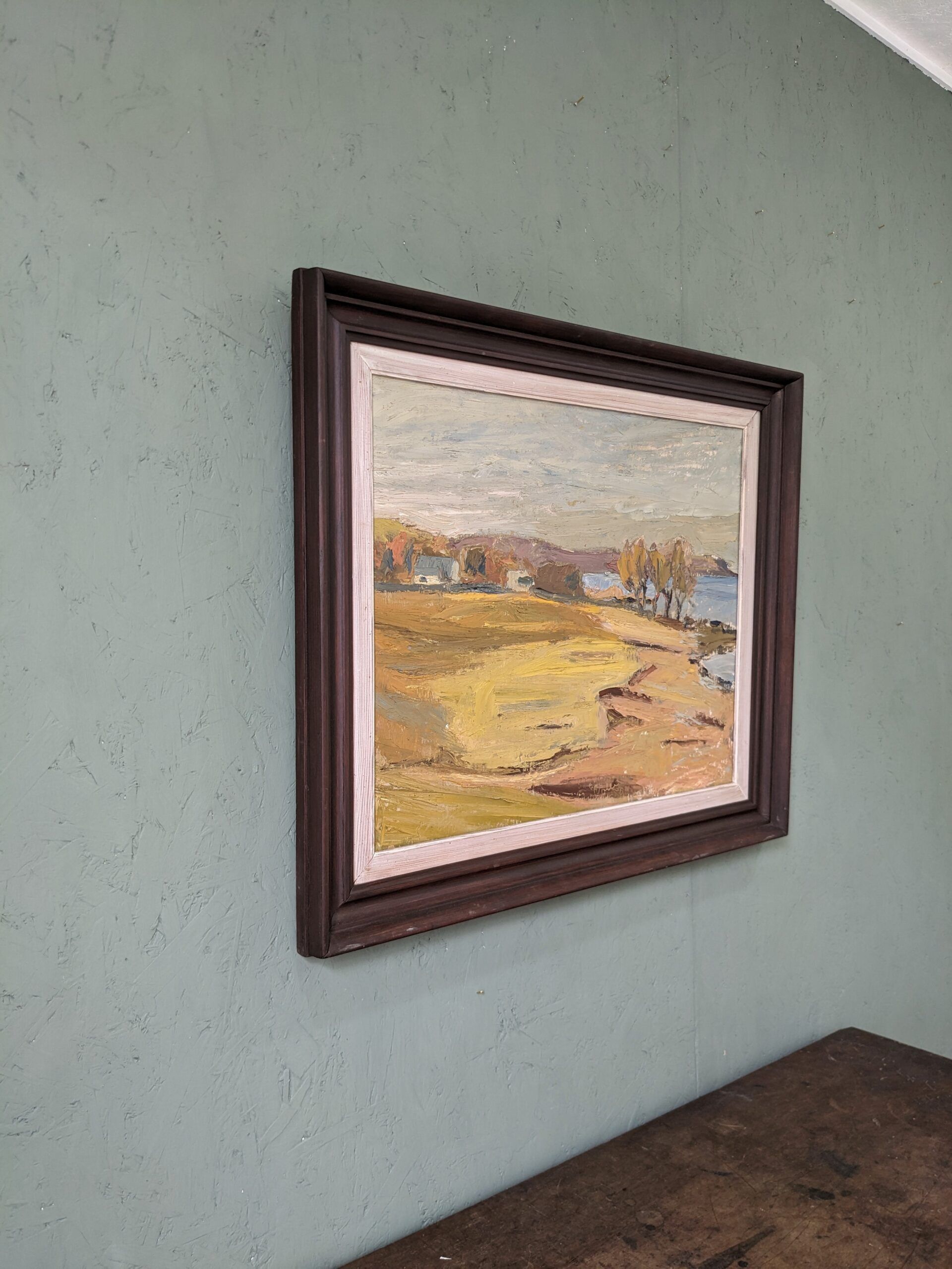 Peinture à l’huile de paysage vintage suédoise moderne « Golden Meadows » du milieu du siècle, encadrée
