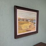 Peinture à l’huile de paysage vintage suédoise moderne « Golden Meadows » du milieu du siècle, encadrée