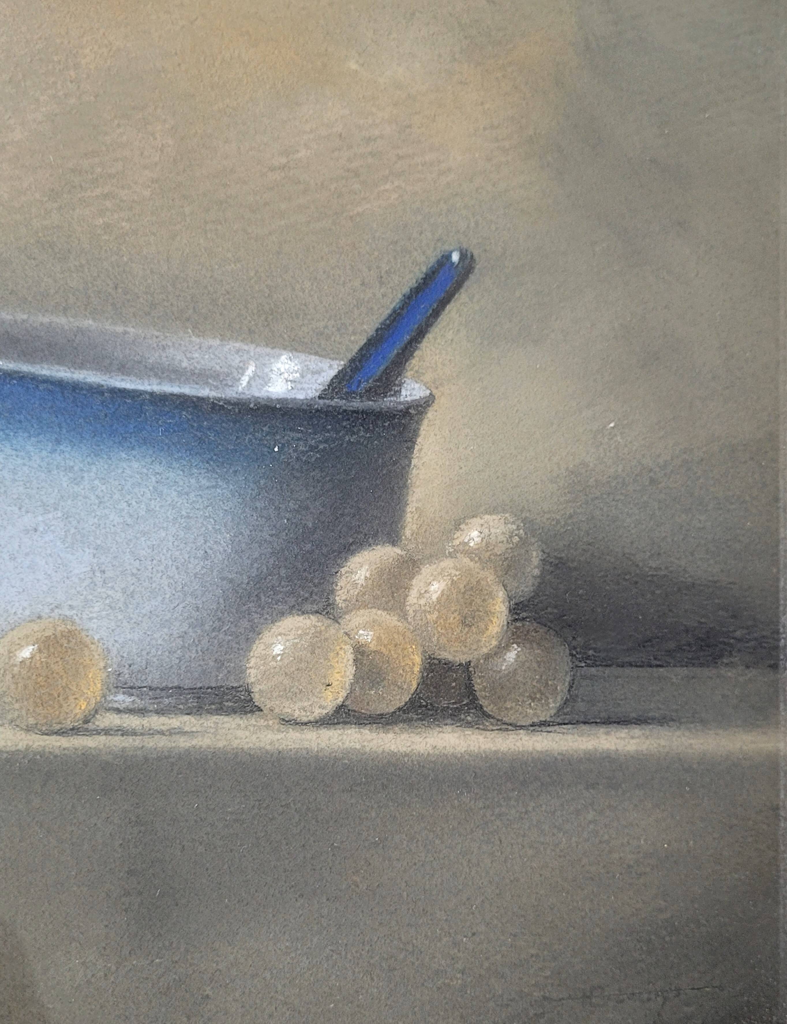 Still life with pot, grapes and anemone