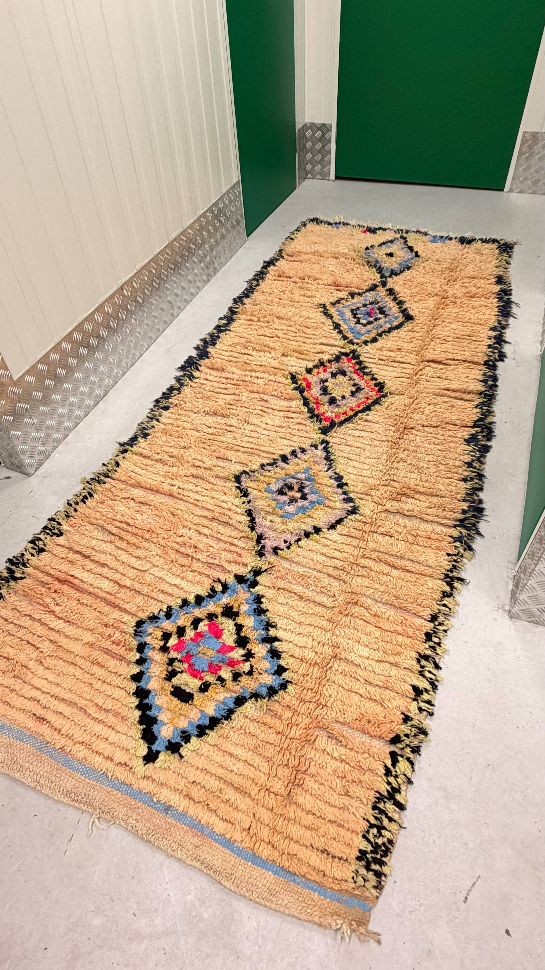 Vintage beige apricot Berber hallway rug with colourful patterns – 280 × 110 cm