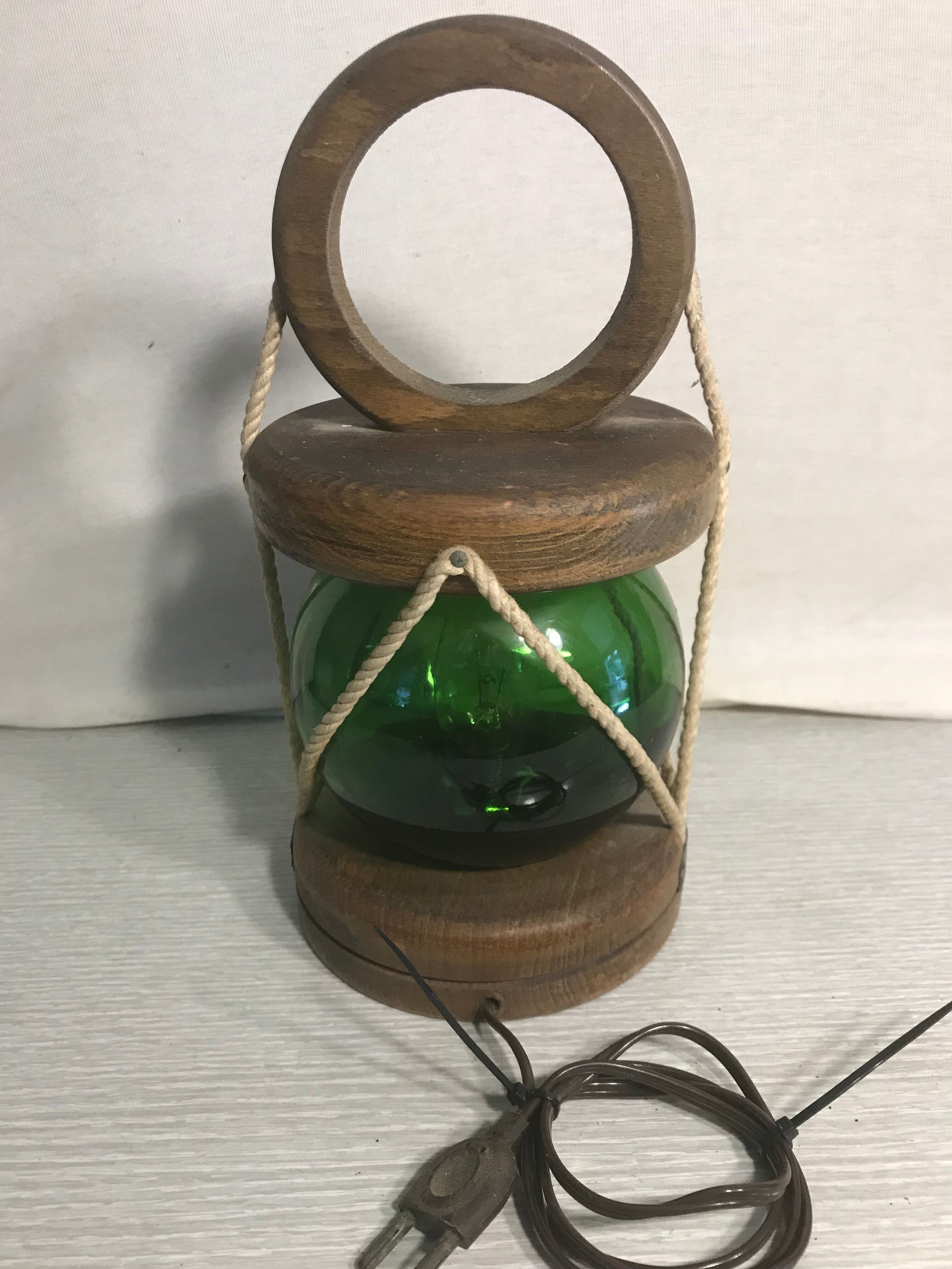 Old Marine Style Lamp Wood - String - Vintage Green Glass Ball Reflector