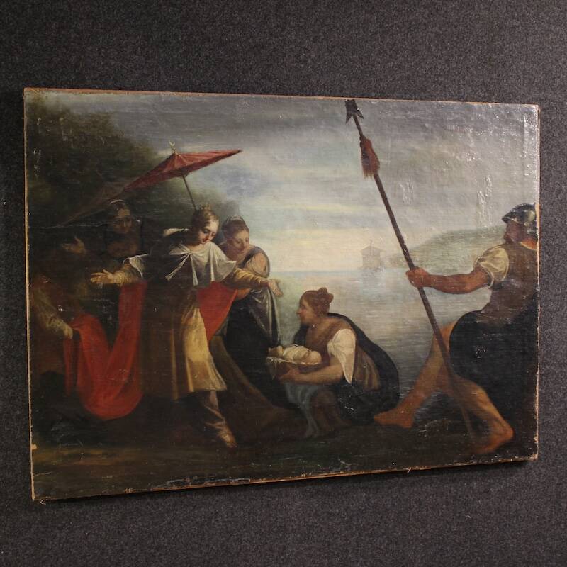 Antique Italian painting Moses saved from the waters from the 18th century