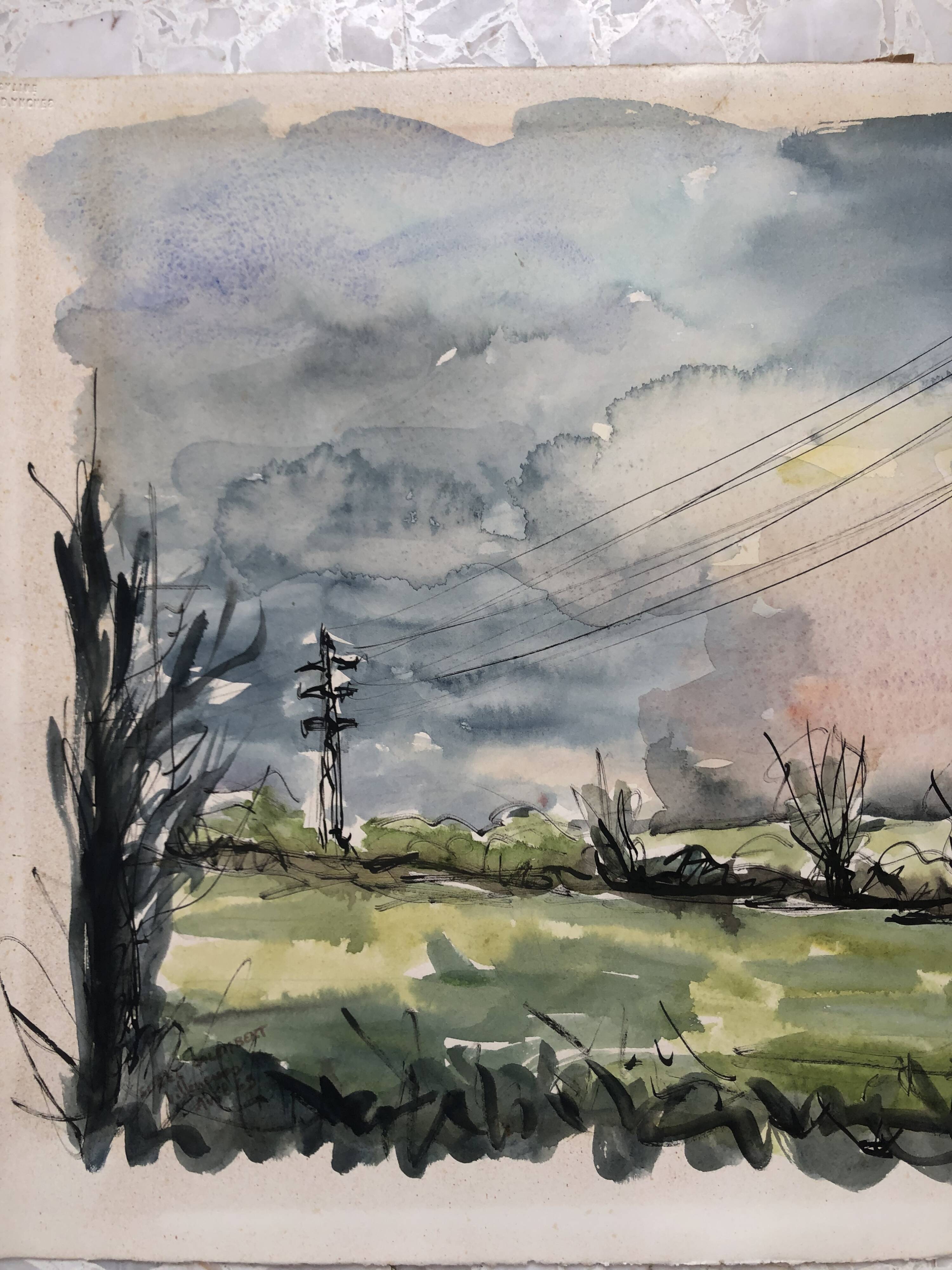 Watercolor & black ink landscape of villecresnes 94 val de marne, pylons, signed suzel calembert
