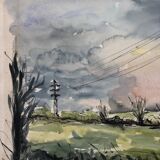 Watercolor & black ink landscape of villecresnes 94 val de marne, pylons, signed suzel calembert