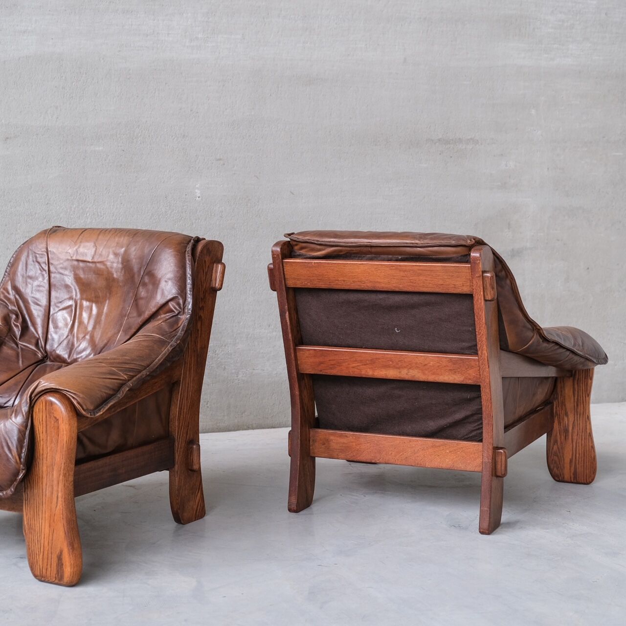 Pair of Oak Brutalist Leather Mid-Century Armchairs