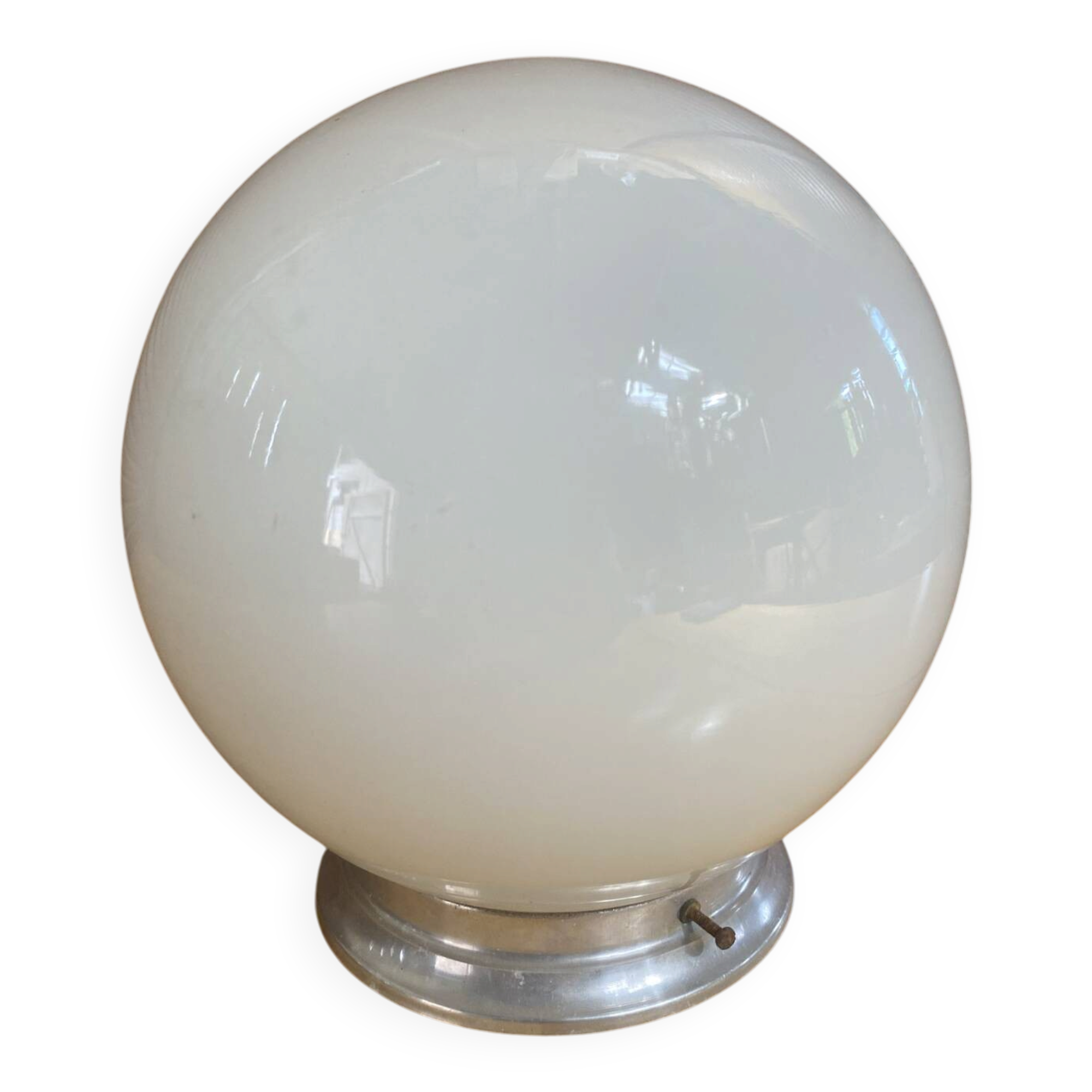 Vintage Ceiling Light Opaline White Ball + Aluminium Support 50s #E