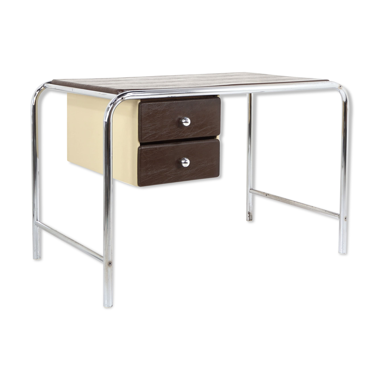Bureau style Bauhaus en métal chromé cintré et simili cuir